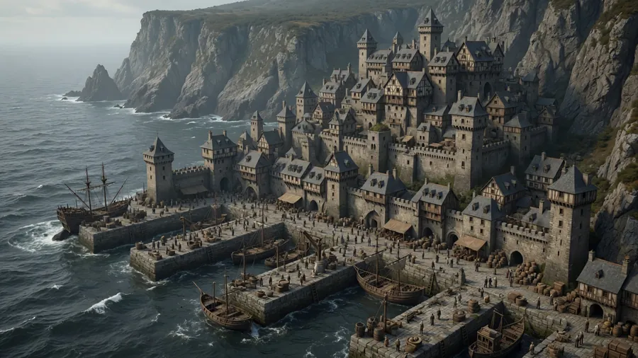 A cliff-stacked medieval capital of grey stone above a stormy sea.