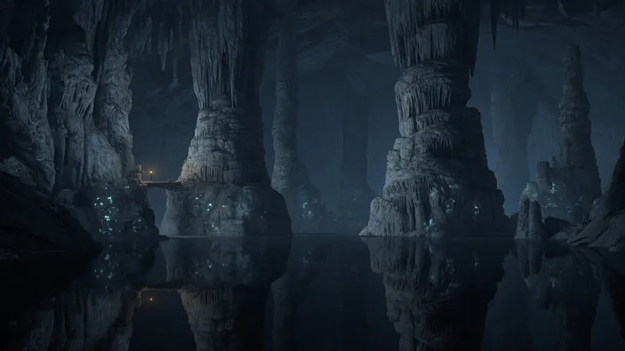 A vast underground cavern of pale pillars reflected in still black water.