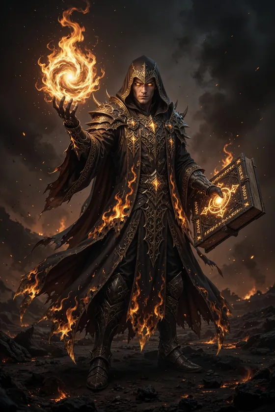 A hooded cultist channeling warp-fire from a burning grimoire.