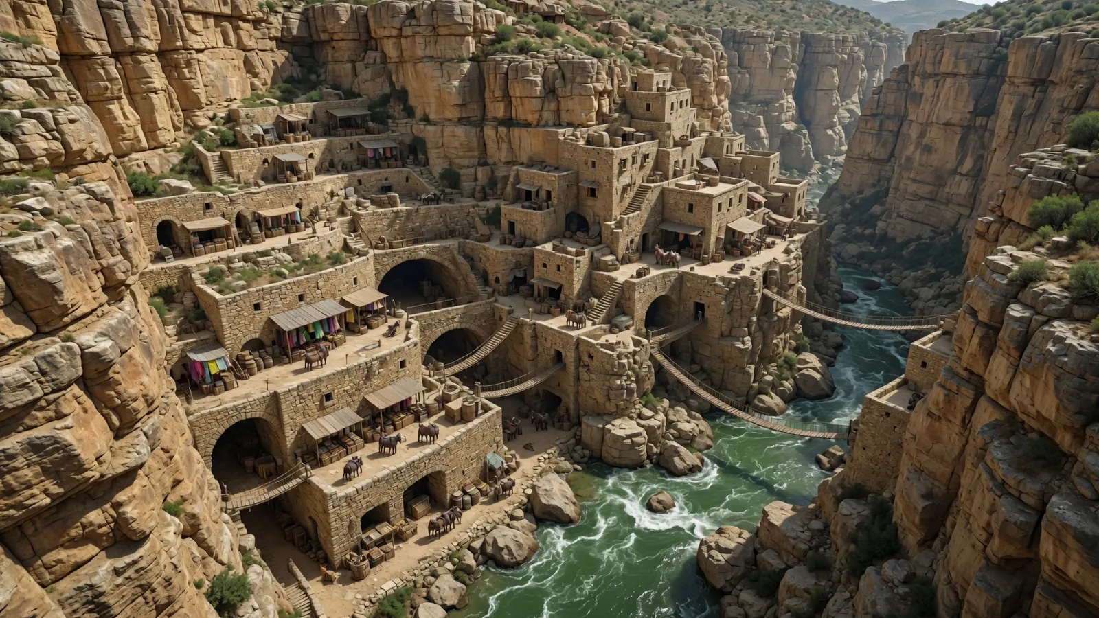A settlement of stone dwellings terraced into a deep river canyon.