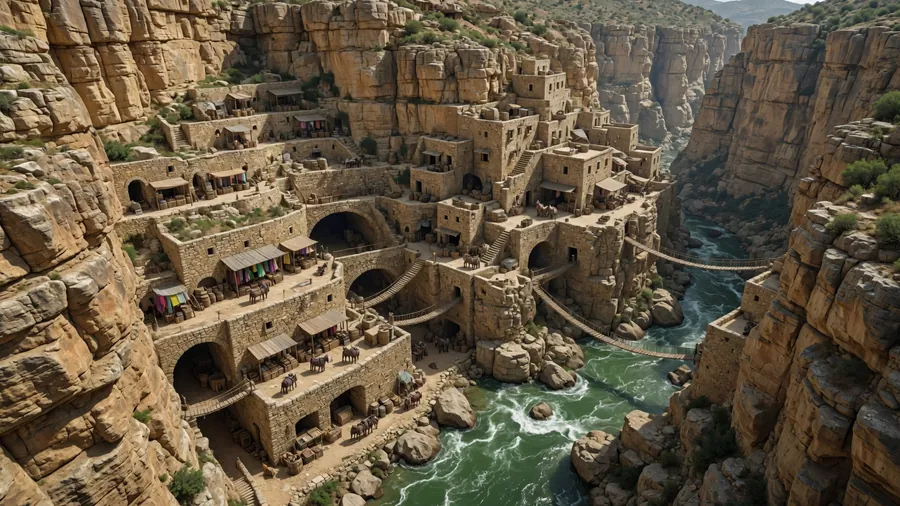 Stone dwellings terraced into a deep river canyon.