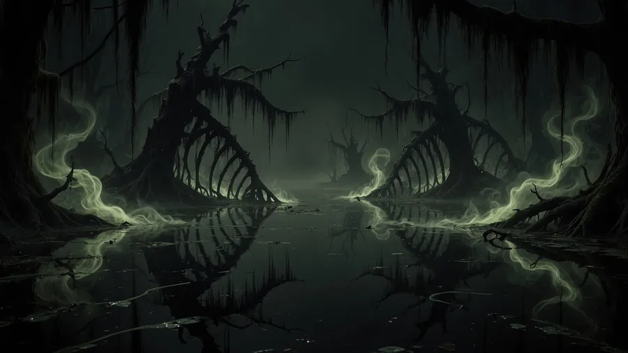 A dark swamp of gnarled trees and pale drifting spirits.