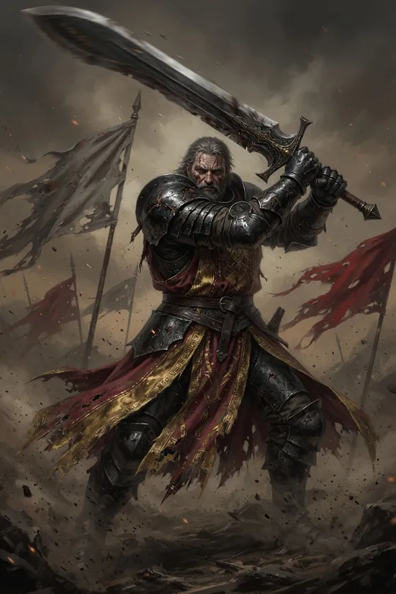 A grizzled Aurelian knight in black-and-gold plate raising a greatsword.