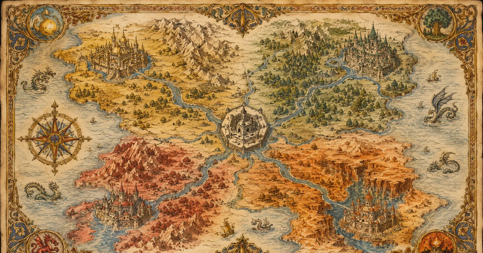 An illuminated manuscript map of Aurevon: a central keep with rivers forking to four colored territories.