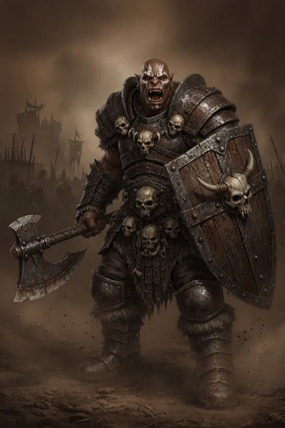 A towering skull-clad orc warlord with a heavy axe and shield.