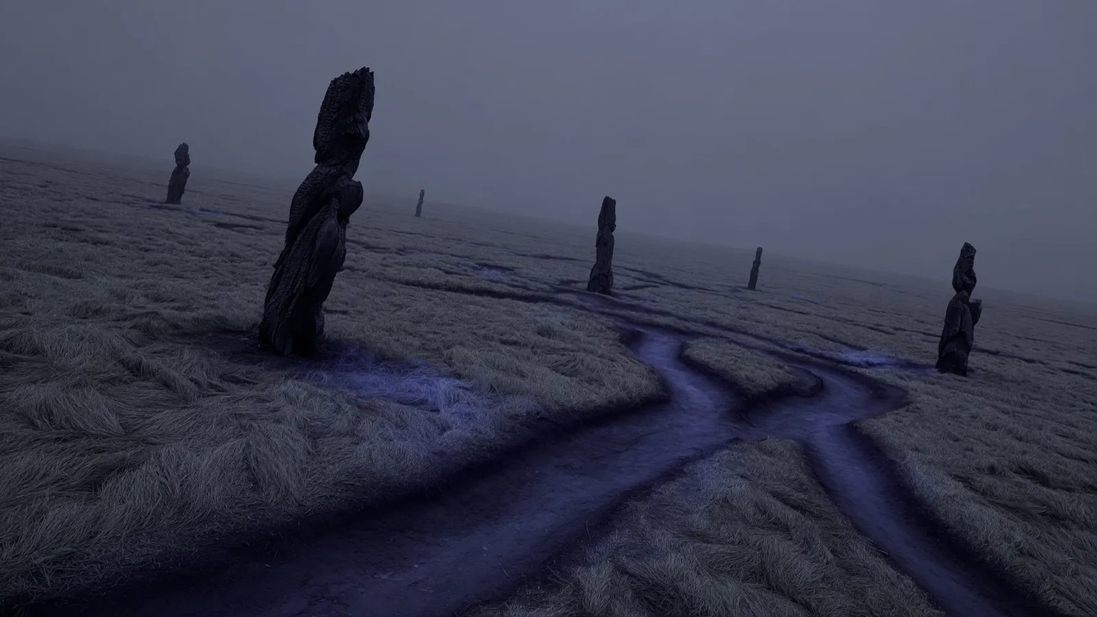 Fog-bound moor of weathered standing stones with veins of violet light in the grass.