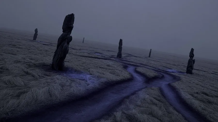 Fog-bound moor of standing stones with veins of violet light.