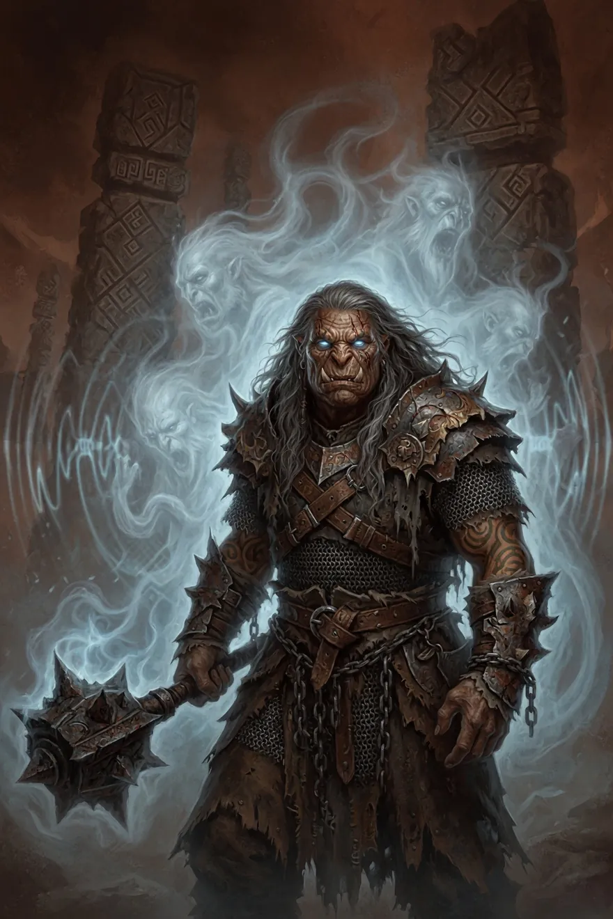 A pale revenant wreathed in the wailing spirits of its ancestors before bone totems.