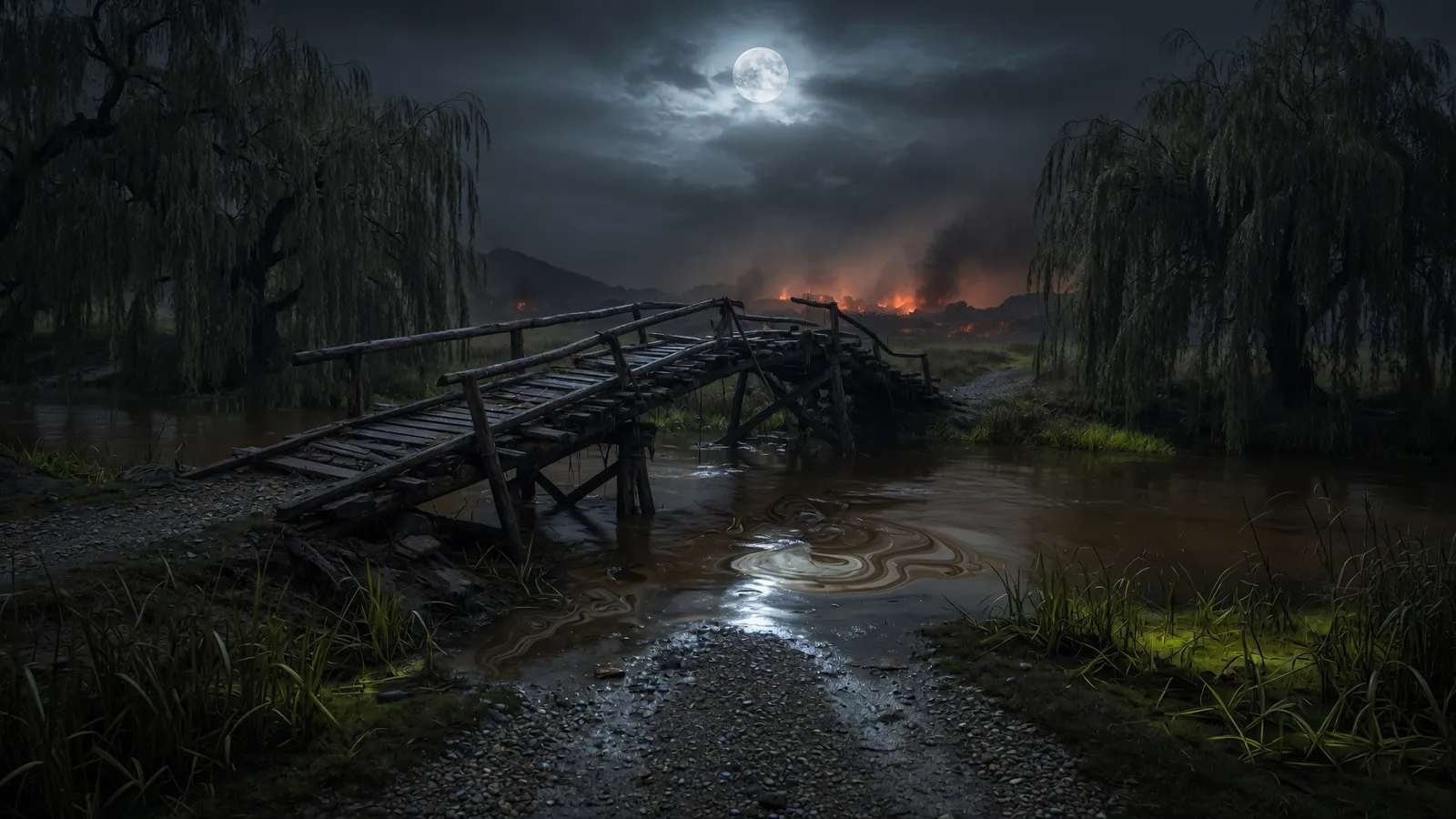 A broken bridge under a full moon; fire on the far ridge and oil-bright water below.