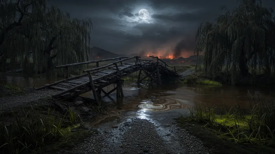 A broken bridge under a full moon; fire on the far ridge.