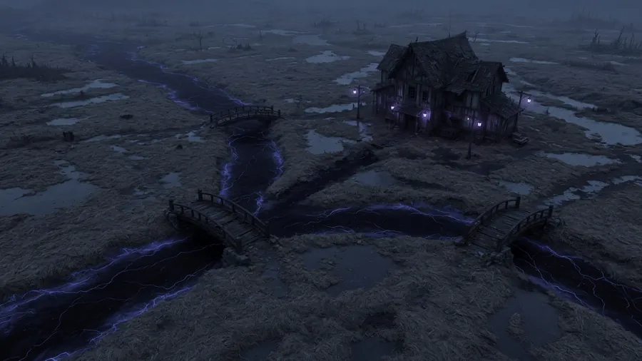 Rift-light bleeding through a drowned fen along every channel.